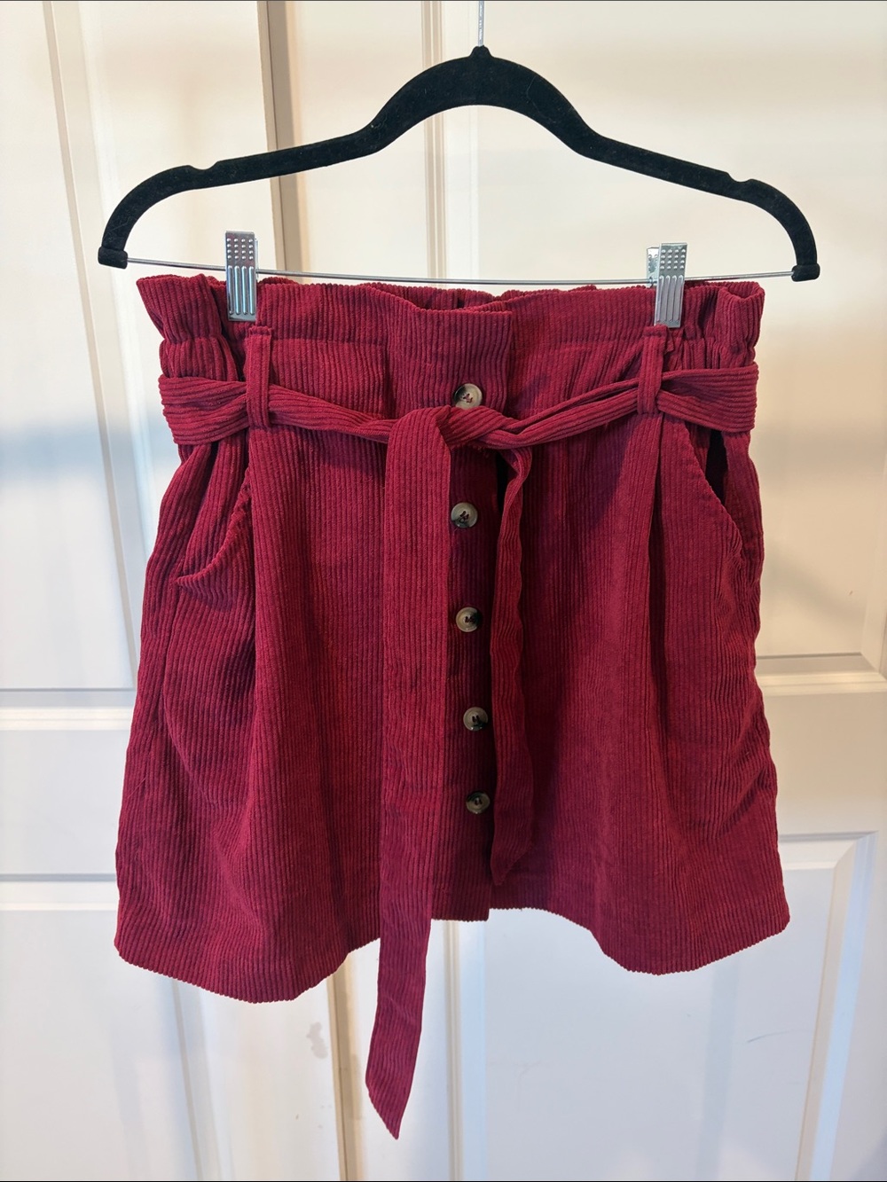 Corduroy Button-Front Paperbag Waist Skirt - Burgundy